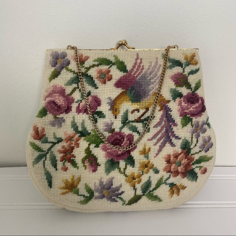 VTG 1950s Petit Point Wool Needlepoint bird purse - Picture 3 of 8